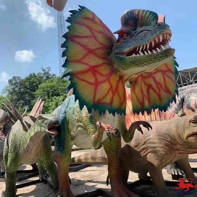 Attrezzatura del parco a tema Statua di dinosauro Animatronic realistico modello Dilophosaurus